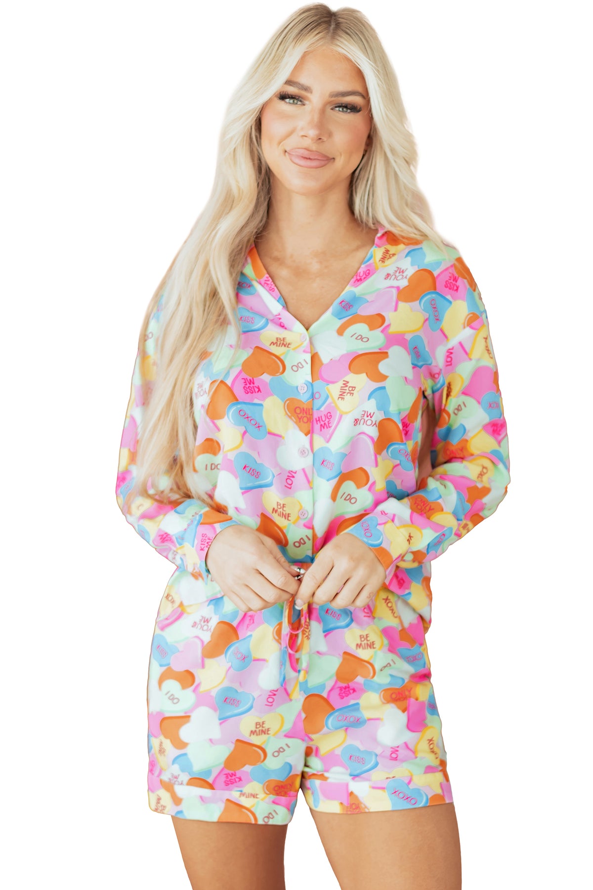 KaleaBoutique Comfortable Valentines Candy Heart V Neck Collared Tunic Shirt and Shorts 2pcs Pajama Set - KaleaBoutique.com