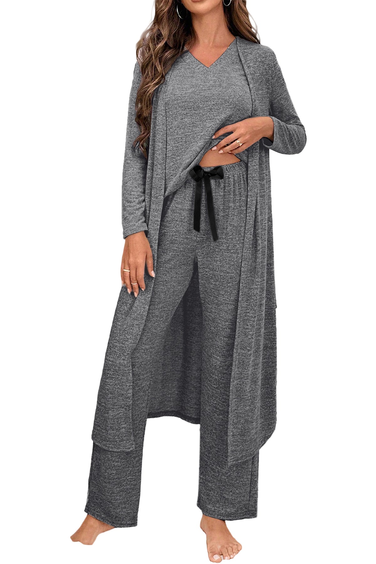 KaleaBoutique Stylish 3 Pcs V Neck T Shirt Ribbon Knot Pants Open Duster 3pcs Lounge Set - KaleaBoutique.com