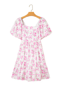 KaleaBoutique Stylish Floral Print Square Neck Ribbon Knot Back Cute Mini Dress - KaleaBoutique.com