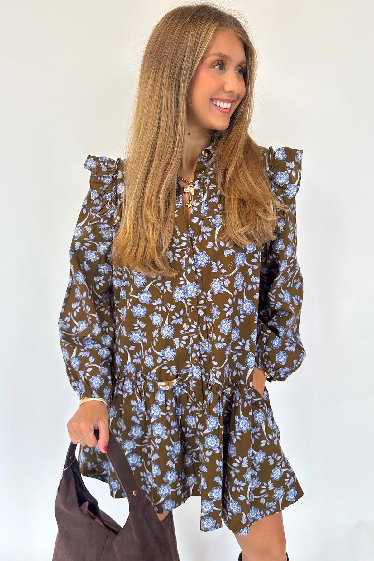 KaleaBoutique Comfortable Floral Print Ruffled Detail Shirt Collar Button Down Long Sleeve Dress - KaleaBoutique.com