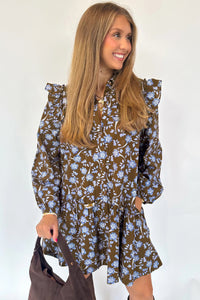 KaleaBoutique Comfortable Floral Print Ruffled Detail Shirt Collar Button Down Long Sleeve Dress - KaleaBoutique.com