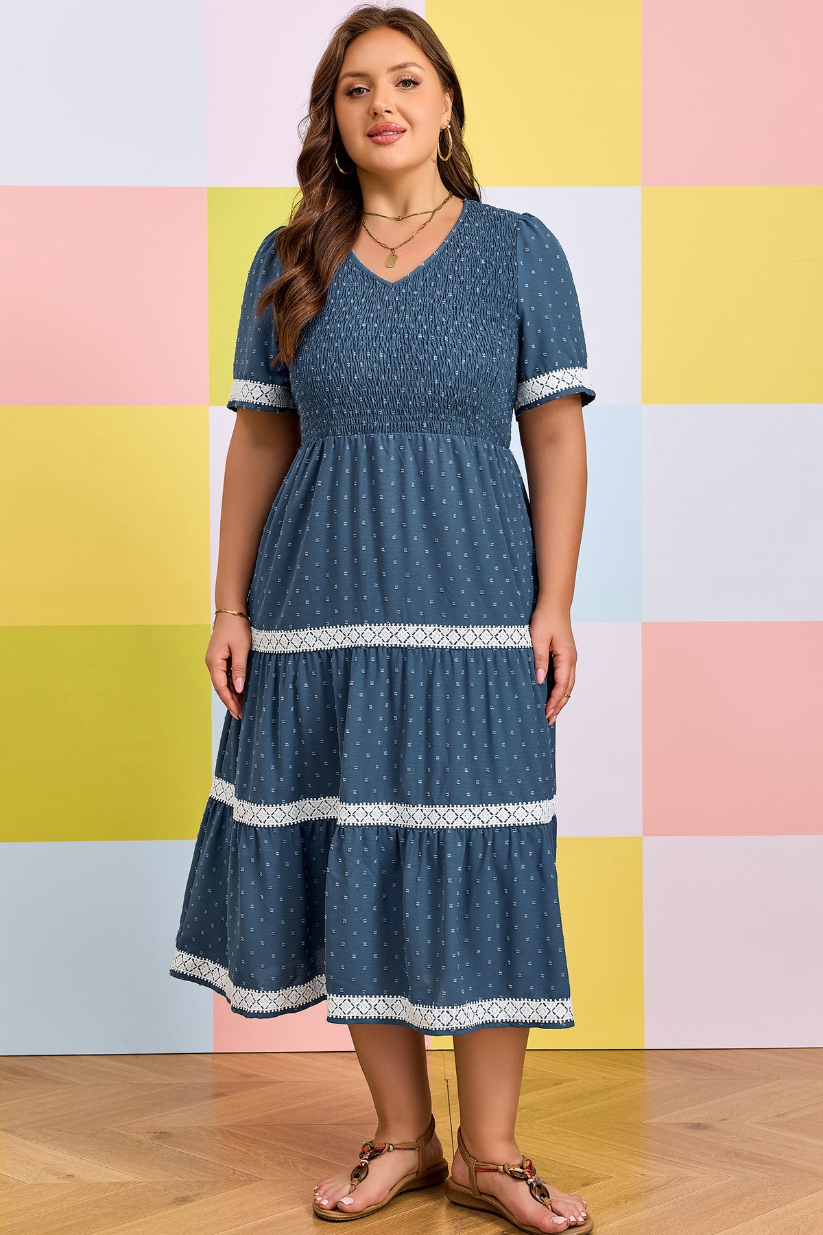 Dusk Blue Plus Size Swiss Dot Lace Tiered Midi Dress - KaleaBoutique.com