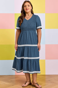 Dusk Blue Plus Size Swiss Dot Lace Tiered Midi Dress - KaleaBoutique.com