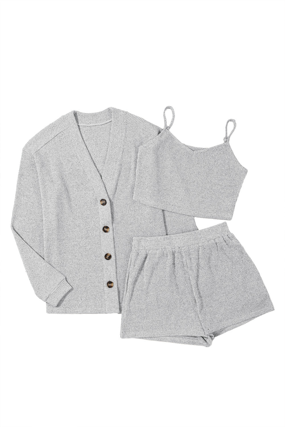 KaleaBoutique Stylish 3 Pieces Rib Crop Camisole Matching Shorts Lounge Set with Cardigan