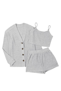 KaleaBoutique Stylish 3 Pieces Rib Crop Camisole Matching Shorts Lounge Set with Cardigan