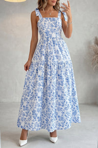 KaleaBoutique Stylish Floral Print Knot Straps High Waist Flared Maxi Dress - KaleaBoutique.com