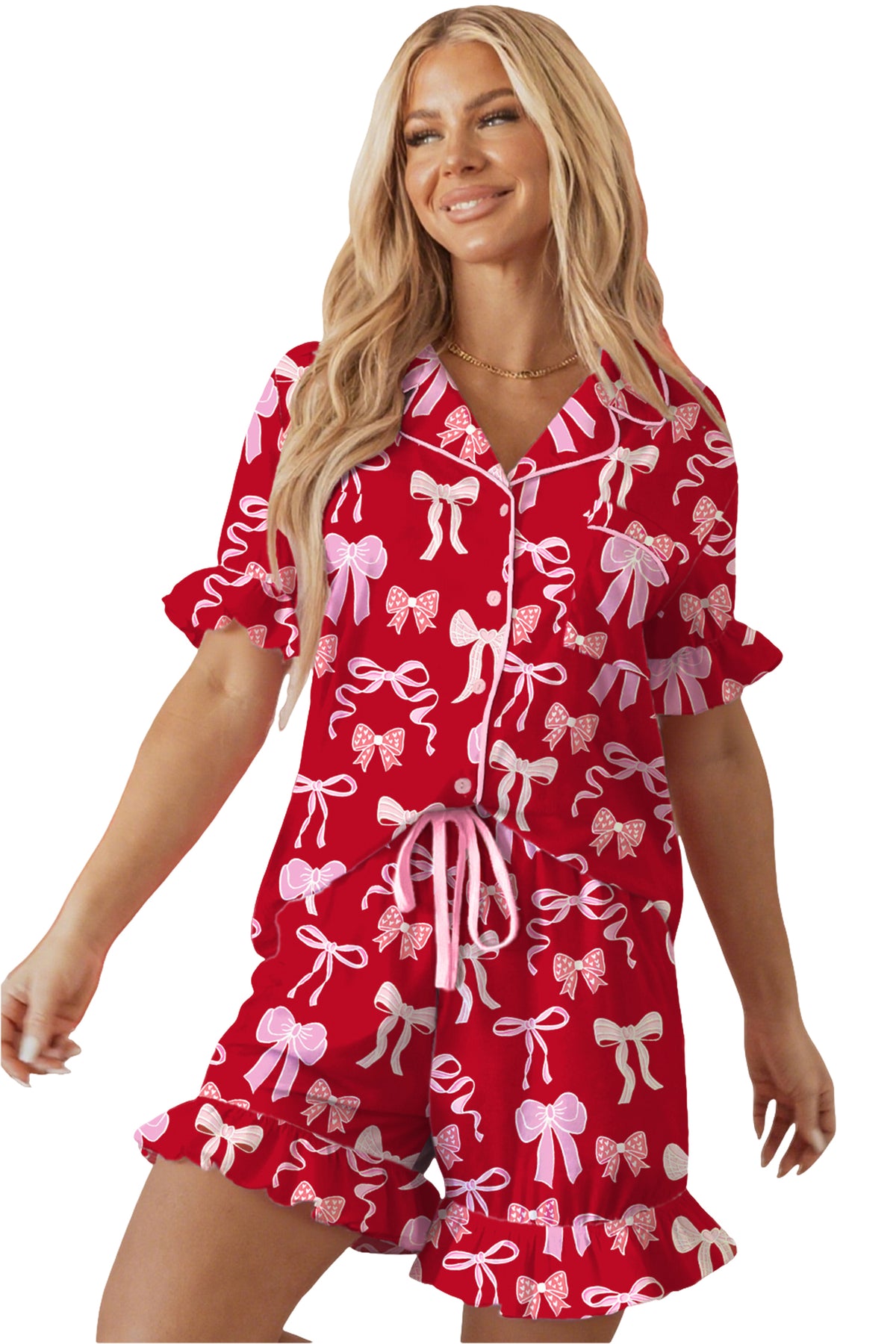 KaleaBoutique Stylish Sweet Bow Print Ruffled Short Sleeve Shirt Shorts 2pcs Pajama Set - KaleaBoutique.com