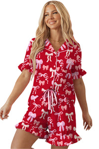 KaleaBoutique Stylish Sweet Bow Print Ruffled Short Sleeve Shirt Shorts 2pcs Pajama Set - KaleaBoutique.com