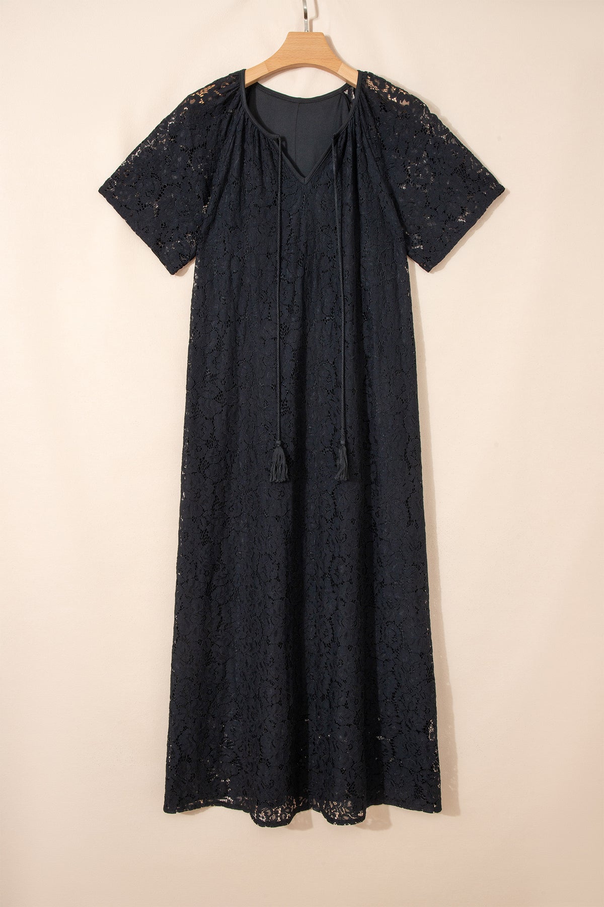 KaleaBoutique Comfortable Floral Lace Overlay Tassel Tie Short Sleeve Beach Vacation Loose Maxi Dress - KaleaBoutique.com