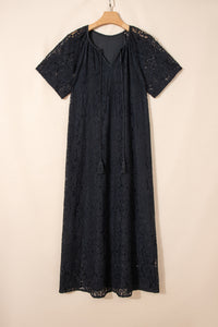 KaleaBoutique Comfortable Floral Lace Overlay Tassel Tie Short Sleeve Beach Vacation Loose Maxi Dress - KaleaBoutique.com