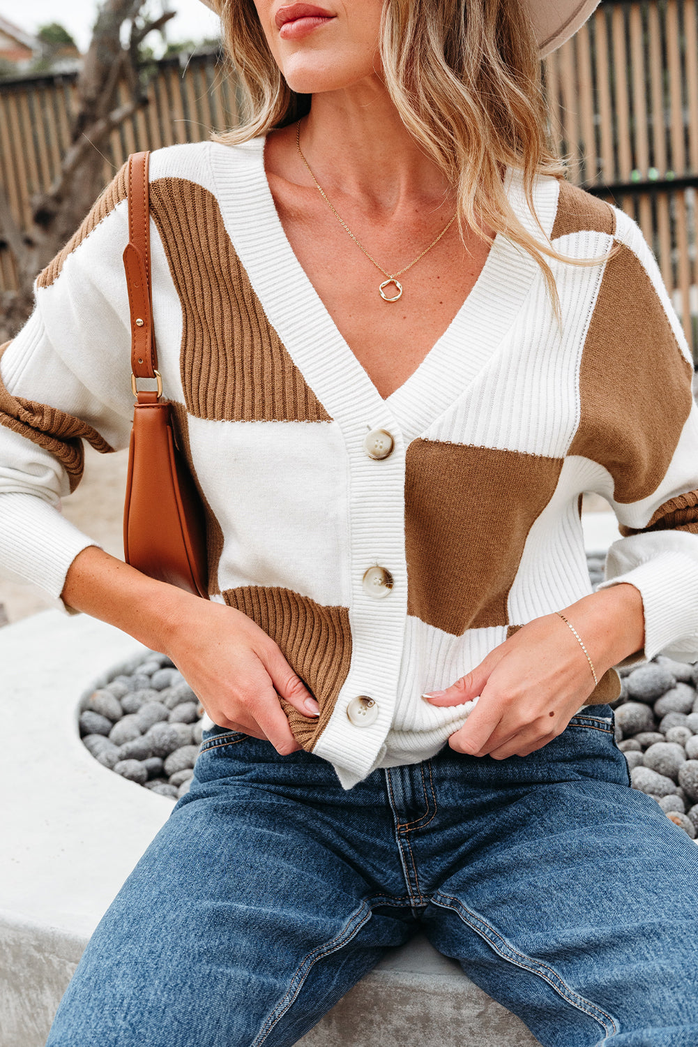KaleaBoutique Stylish Checkered Pattern Ribbed Detail Button V Neck Sweater Cardigan - KaleaBoutique.com