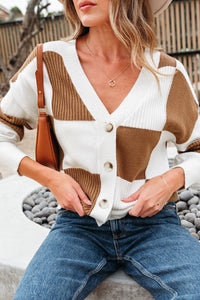 KaleaBoutique Stylish Checkered Pattern Ribbed Detail Button V Neck Sweater Cardigan - KaleaBoutique.com