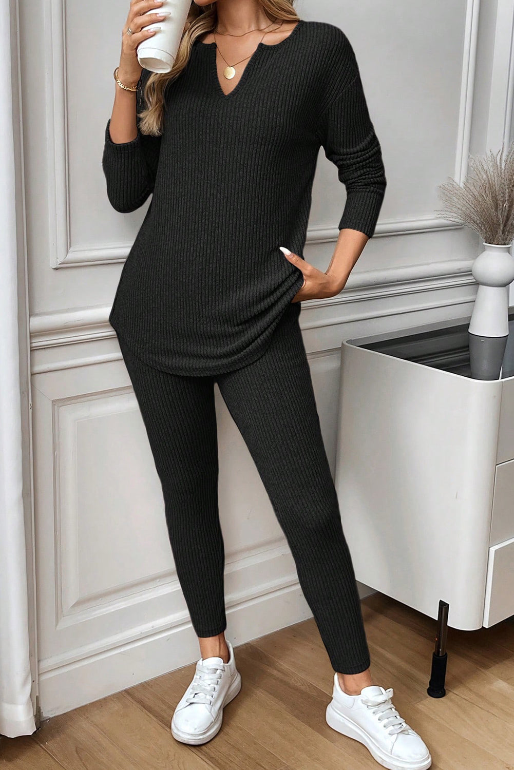 KaleaBoutique Comfortable Ribbed Notched Neck Knit Long Sleeve Leggings Two Pieces Lounge Set - KaleaBoutique.com