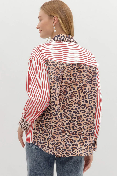 KaleaBoutique Stylish Striped Leopard Print Patchwork Button Up Womens Shirt - KaleaBoutique.com
