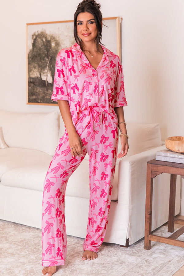 KaleaBoutique Comfortable Bow Knot Print Lapel Collar Short Sleeve and Pants Pajamas Set - KaleaBoutique.com