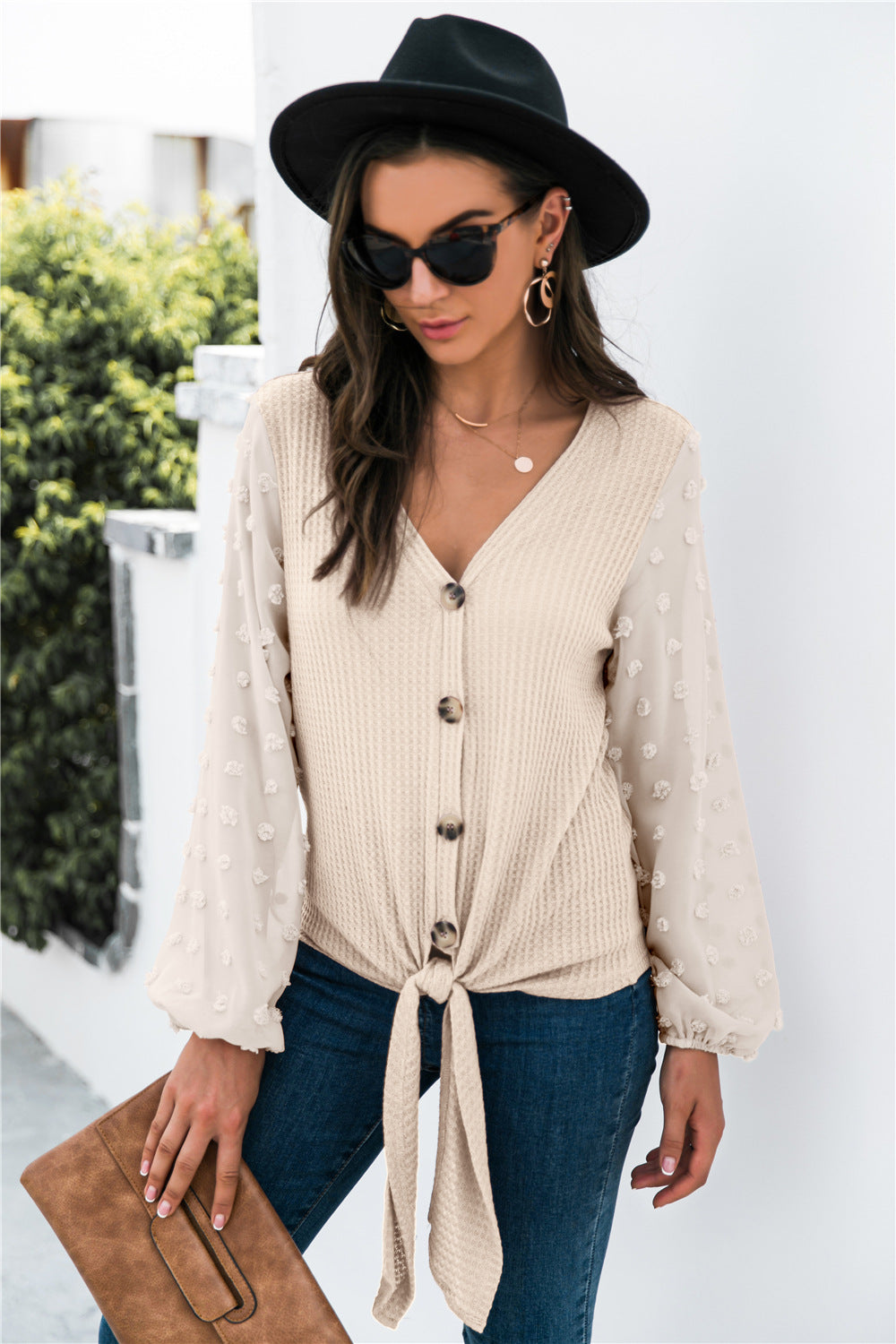 Women's V-Neck Tie-Front Top with Sheer Dotted Sleeves - KaleaBoutique.com