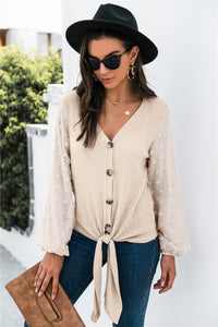 Women's V-Neck Tie-Front Top with Sheer Dotted Sleeves - KaleaBoutique.com