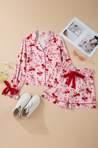 KaleaBoutique Comfortable Bow Print Valentine Long Sleeve Shirt Shorts 2 Pcs Pajama Set - KaleaBoutique.com