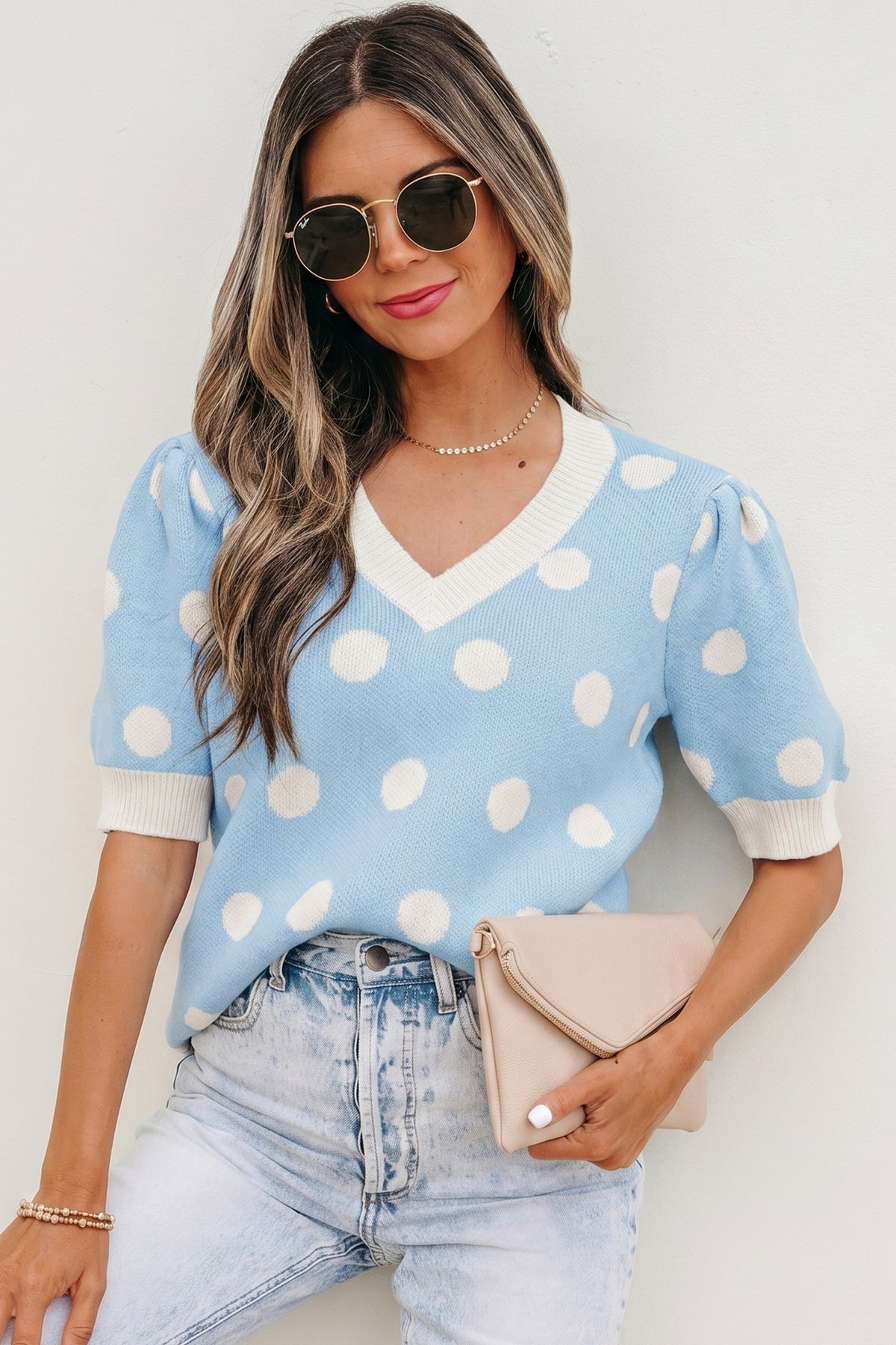 KaleaBoutique Comfortable Polka Dot Puff Short Sleeve Sweater Top - KaleaBoutique.com