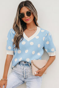 KaleaBoutique Comfortable Polka Dot Puff Short Sleeve Sweater Top - KaleaBoutique.com