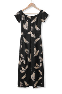 KaleaBoutique Stylish Black Pattern Print Off Shoulder Slit Bodycon Midi Dress - KaleaBoutique.com