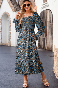 KaleaBoutique Stylish Floral Print Long Sleeve Square Neck Smocked Maxi Dress - KaleaBoutique.com