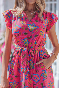 KaleaBoutique Stylish Flutter Sleeve Belted Floral Long Dress - KaleaBoutique.com