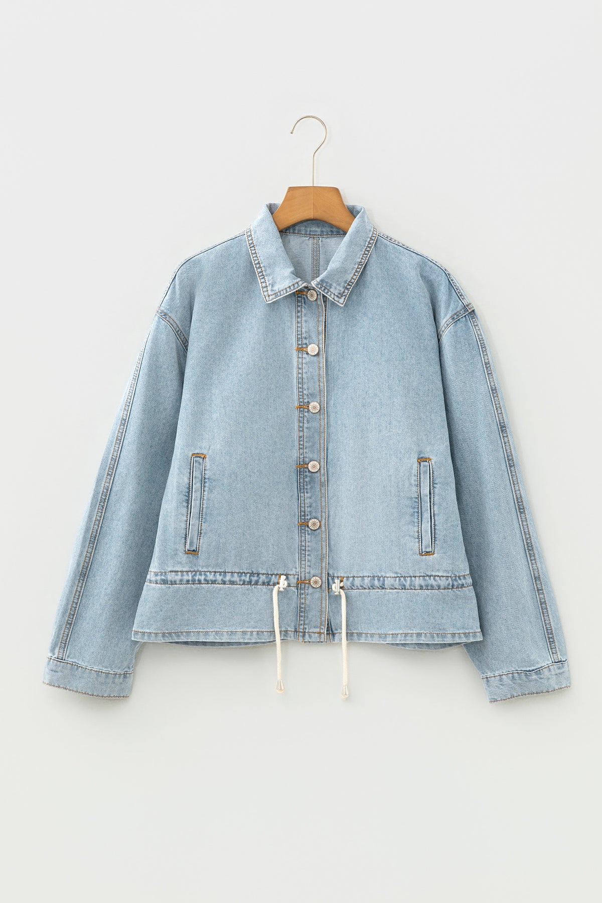 Draw-cord Hem Light Wash Denim Jacket - KaleaBoutique.com