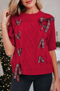 KaleaBoutique Comfortable Plaid Lace up Detail Christmas Holiday Puff Short Sleeve Sweater - KaleaBoutique.com