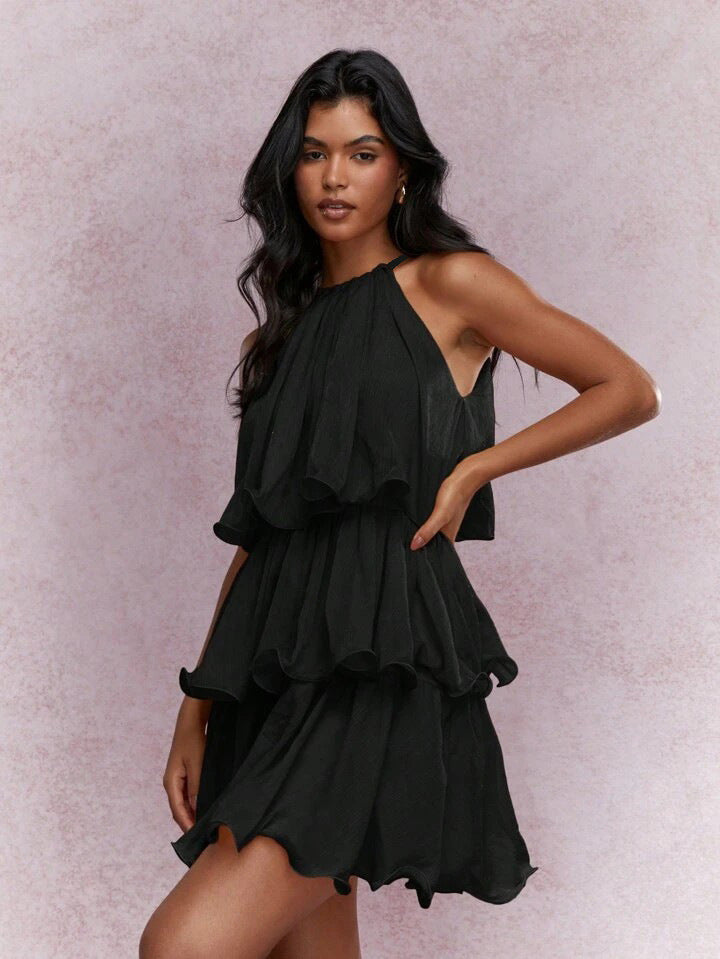 Elegant Halter Neck Sleeveless Strapless Sheer Layered Dress - Ruffled Hem Elegant Women's Summer Party Dress Beach Vacation Outfits - KaleaBoutique.com