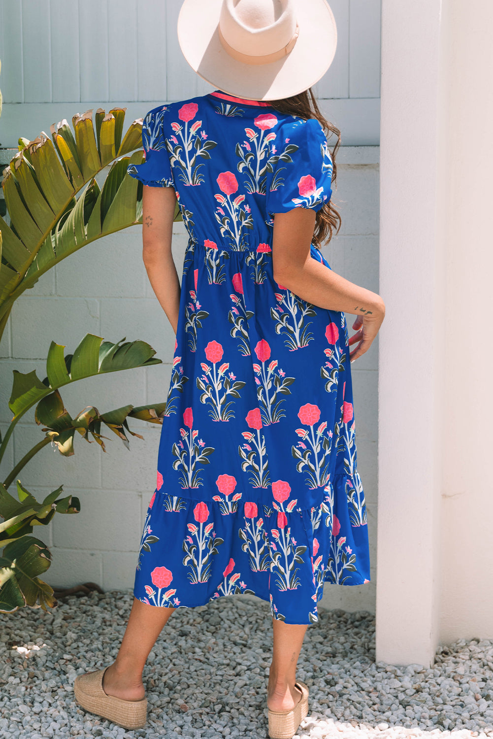 Floral Puff Short Sleeve V Neck High Waist Maxi Dress - KaleaBoutique.com