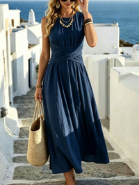 Women's Sleeveless Round-Neck Crossover-Waist Maxi Dress - KaleaBoutique.com