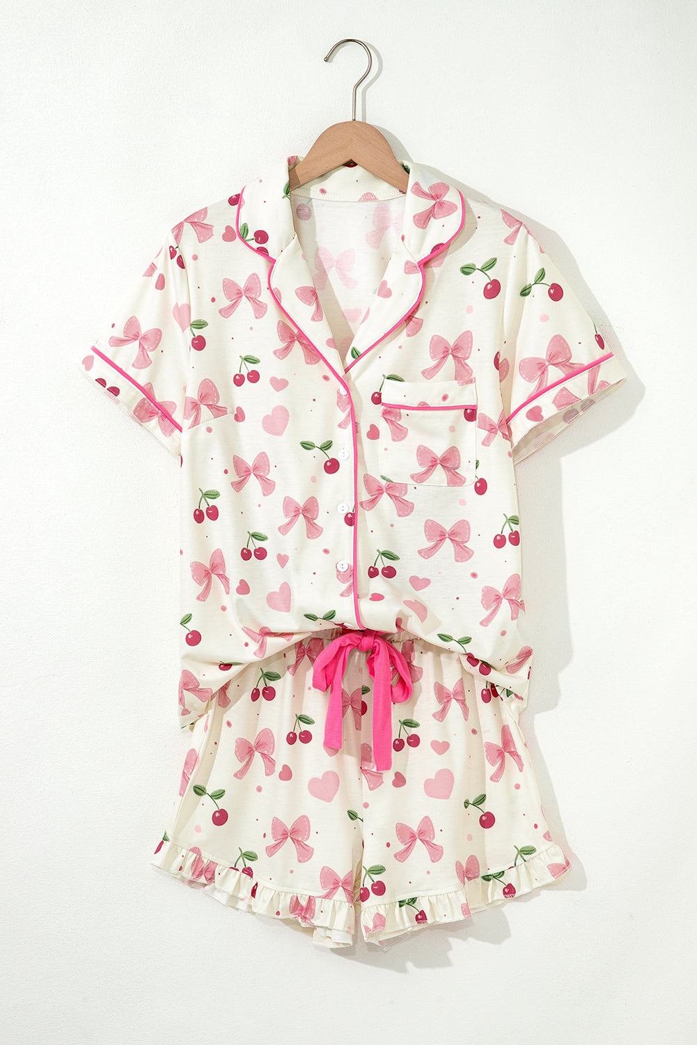 KaleaBoutique Comfortable Bow Fruit Print Contrast Pipping Short Pajamas Set - KaleaBoutique.com