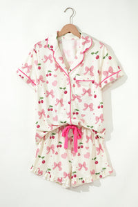 KaleaBoutique Comfortable Bow Fruit Print Contrast Pipping Short Pajamas Set - KaleaBoutique.com