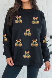 Black Sequin Pumpkin Halloween Sweatshirt - KaleaBoutique.com