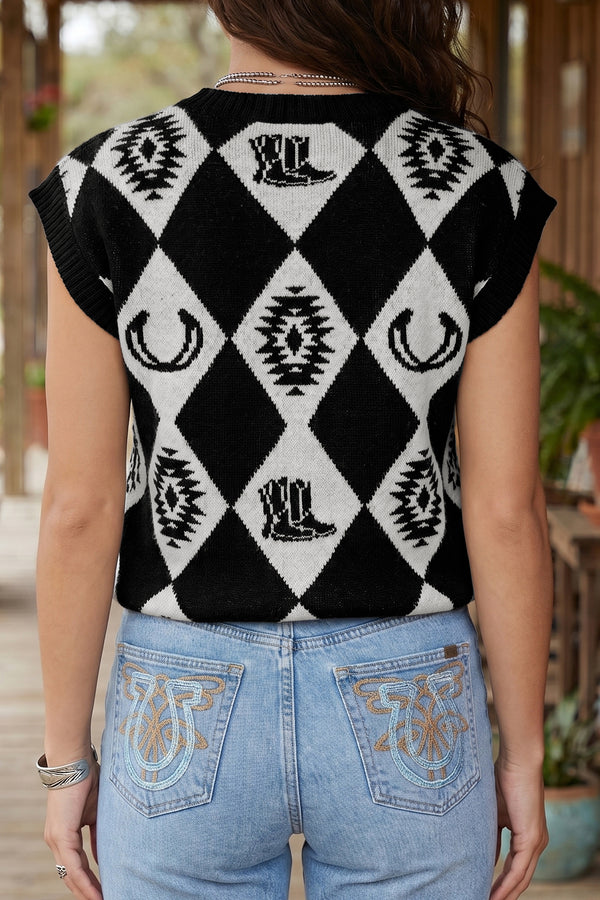 KaleaBoutique Stylish Retro Rhombus Western Print Drop Shoulder Short Sleeve Sweater - KaleaBoutique.com