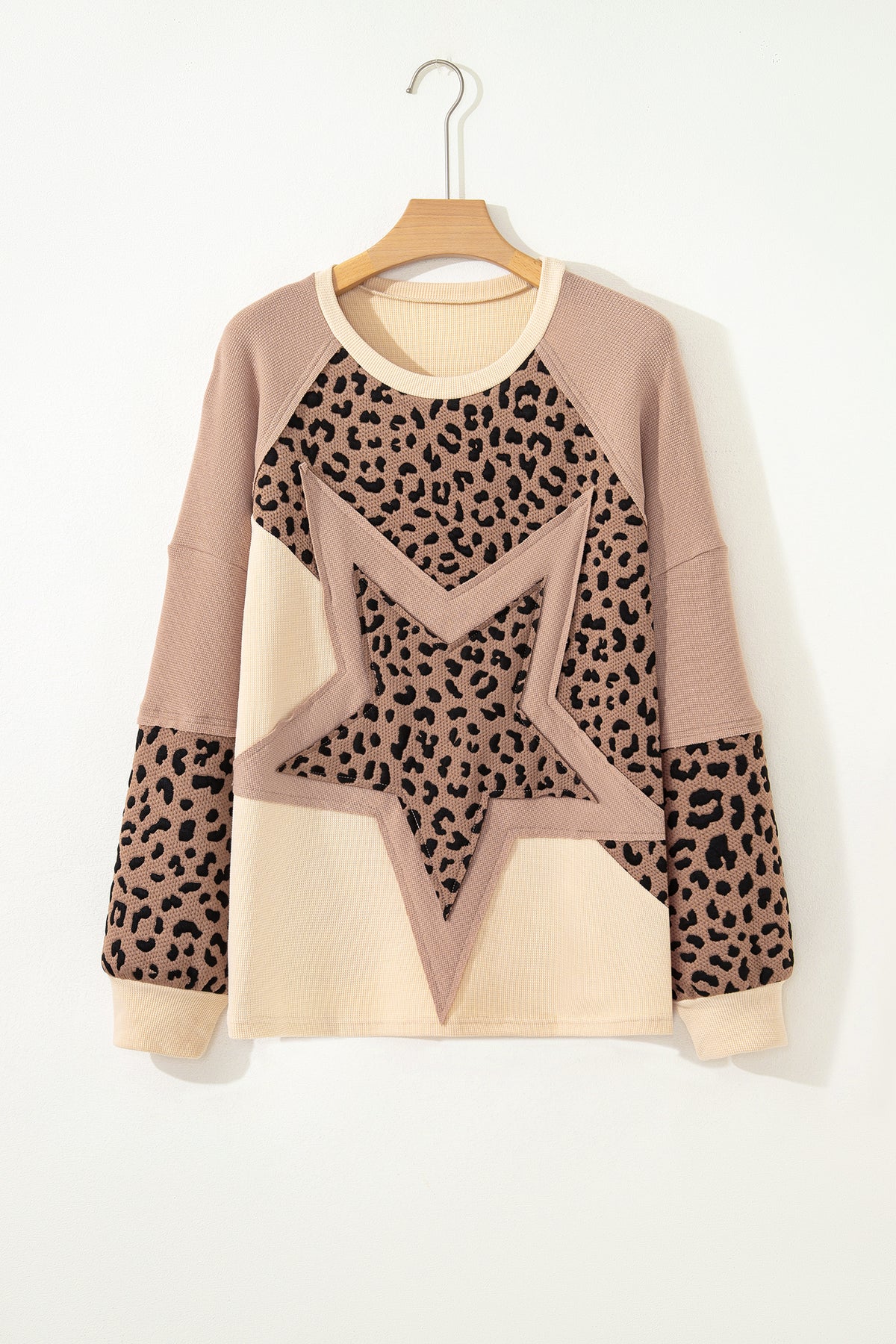 KaleaBoutique Stylish Leopard Star Color Block Patchwork Textured Baggy Sweatshirt - KaleaBoutique.com