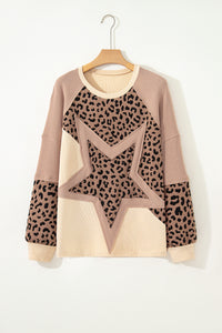 KaleaBoutique Stylish Leopard Star Color Block Patchwork Textured Baggy Sweatshirt - KaleaBoutique.com