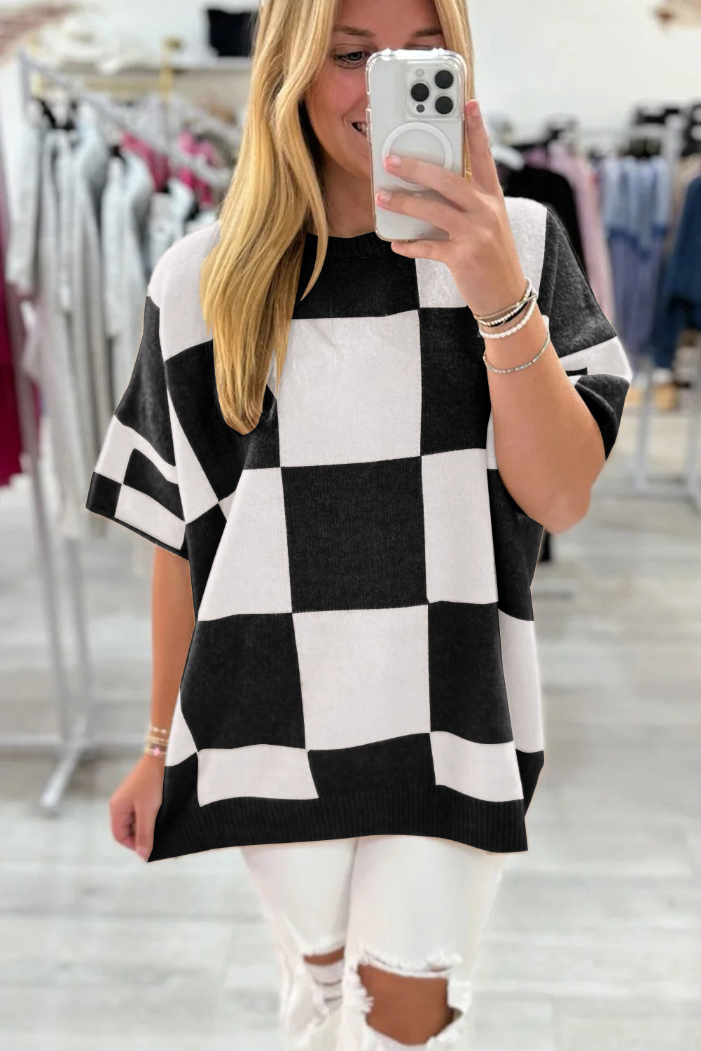 KaleaBoutique Stylish Checkered Pattern Loose Drop Shoulder Half Sleeve Sweater - KaleaBoutique.com
