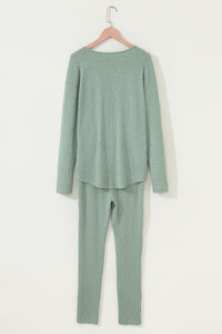 KaleaBoutique Comfortable Ribbed Notched Neck Knit Long Sleeve Leggings Two Pieces Lounge Set - KaleaBoutique.com