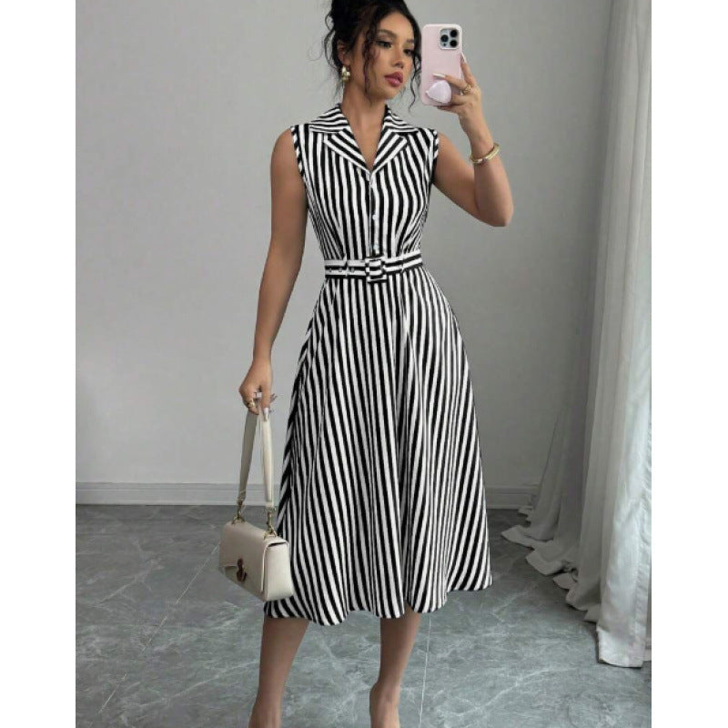 Women's Striped Sleeveless Collared Belted Midi Dress - KaleaBoutique.com