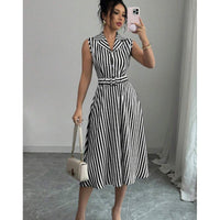Women's Striped Sleeveless Collared Belted Midi Dress - KaleaBoutique.com
