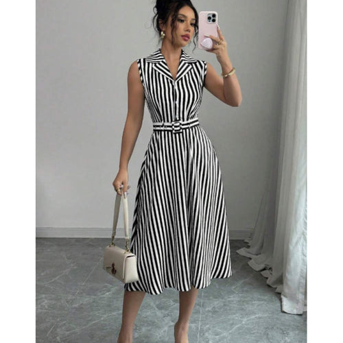 Women's Striped Sleeveless Collared Belted Midi Dress - KaleaBoutique.com