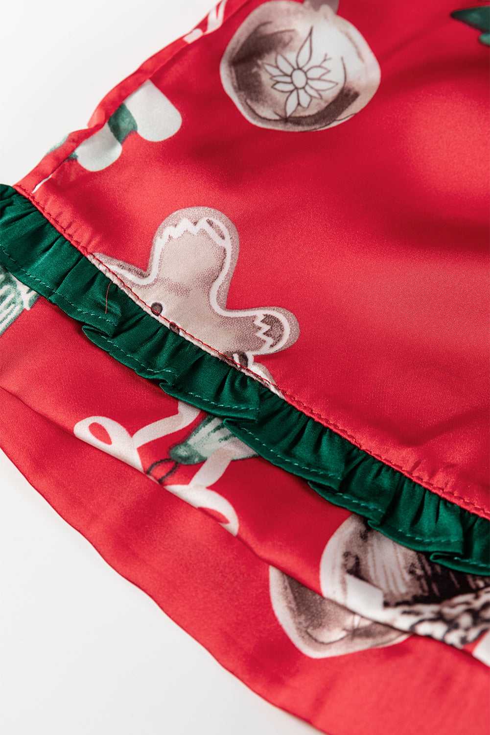 KaleaBoutique Comfortable Christmas Fashion Print Contrast Ruffle Trim Ribbon Bow Knot 2pcs Pajama Set - KaleaBoutique.com