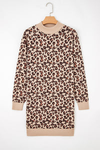 KaleaBoutique Stylish Leopard Print High Neck Shift Mini Sweater Dress - KaleaBoutique.com