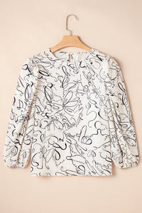 KaleaBoutique Abstract Print Balloon Sleeve Crew Neck Blouse - KaleaBoutique.com