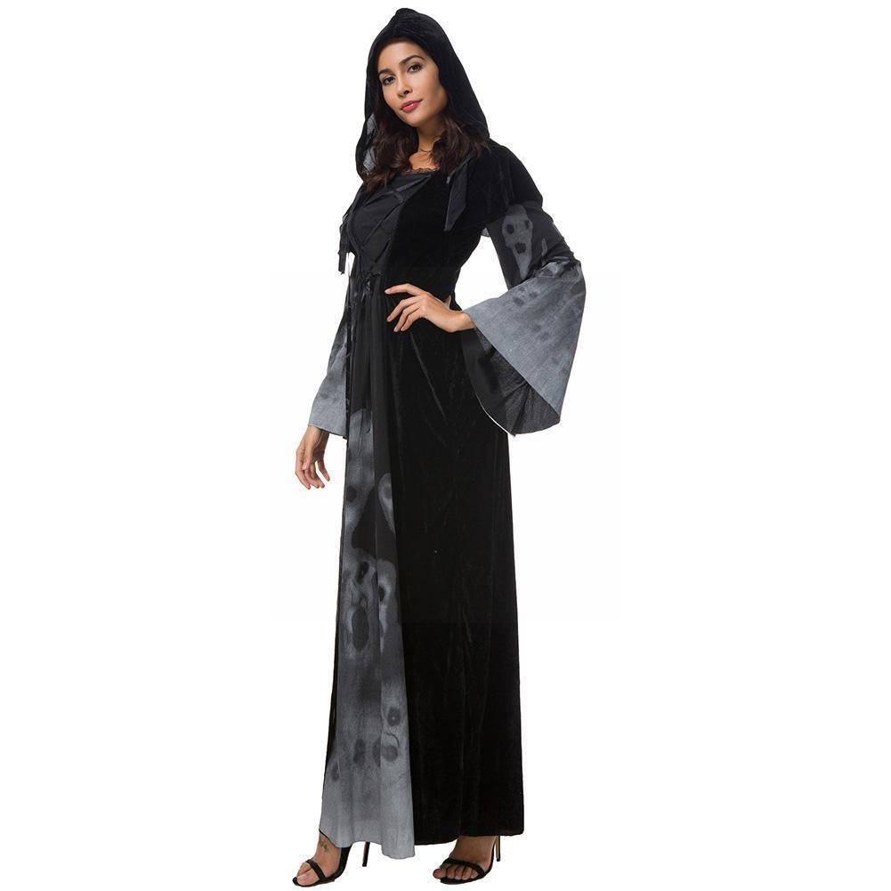 Halloween New Skull Print Witch Long Vampire Costume, Queen Dress Costume - KaleaBoutique.com