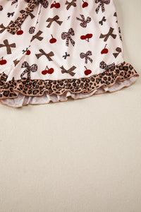 KaleaBoutique Stylish Chic Bow Cherry Printed Leopard Contrast Patchwork Shirt Drawstring Shorts 2pcs PJ Set - KaleaBoutique.com