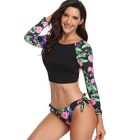 Women's Black Floral Long-Sleeve Crop Tank Top 2 PC Bikini Set - KaleaBoutique.com