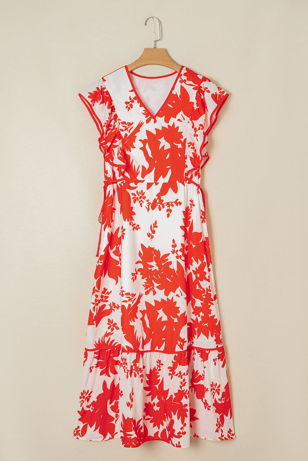 KaleaBoutique Stylish Floral Print Trimmed V Neck Ruffle Sleeve Long Dress - KaleaBoutique.com